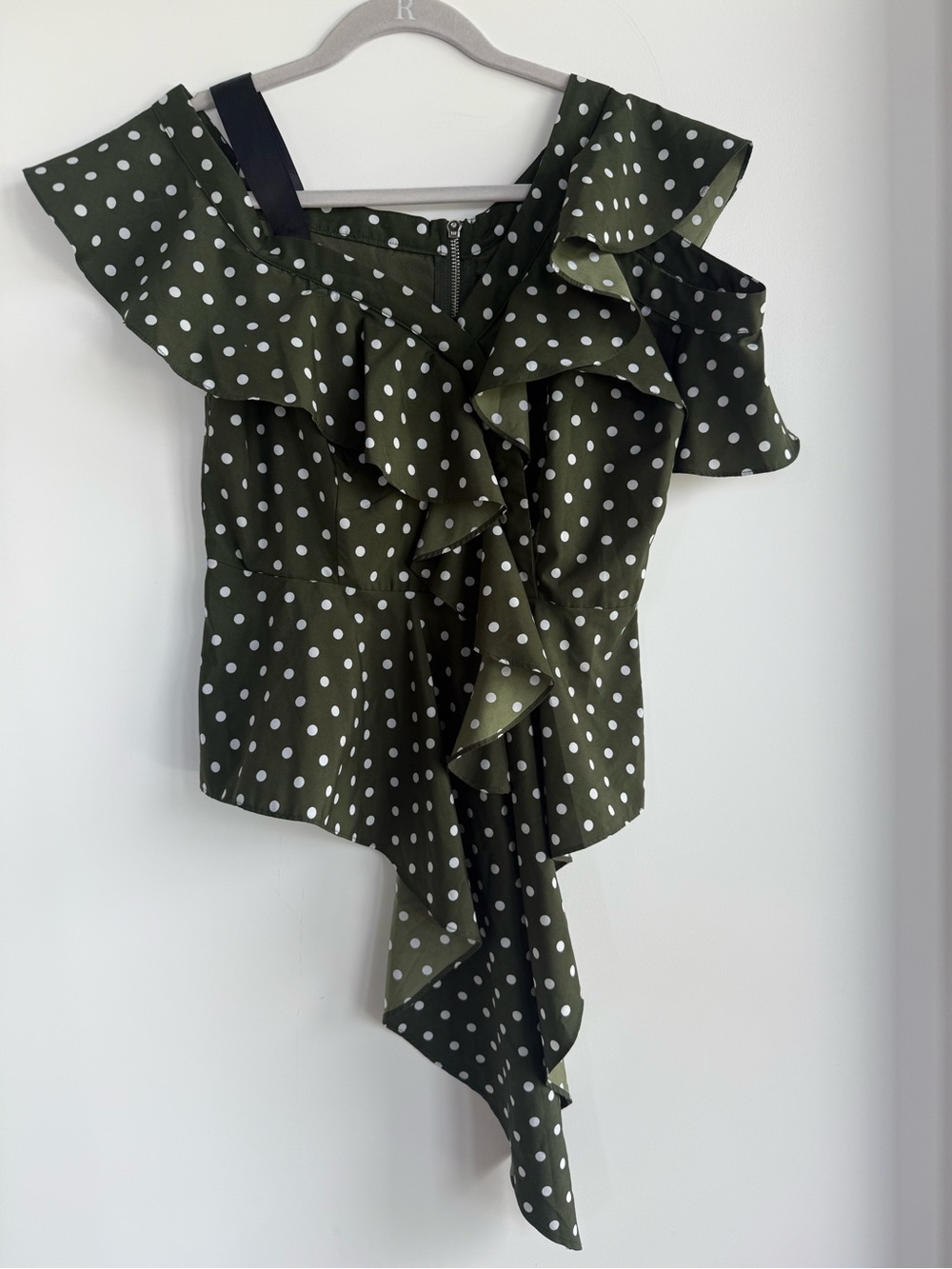 Olive Green Polka Dot Ruffle Sleeve Blouse